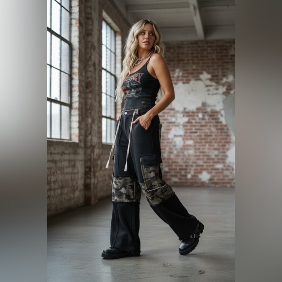 POL Pants - NWT POL Camo Camouflage Cargo Wide Leg Drawstring Casual Pants Black